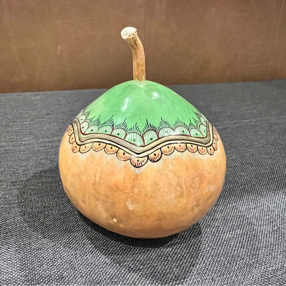Handcrafted Green and Brown Decorative Gourd Mexican Folk Art Laquered